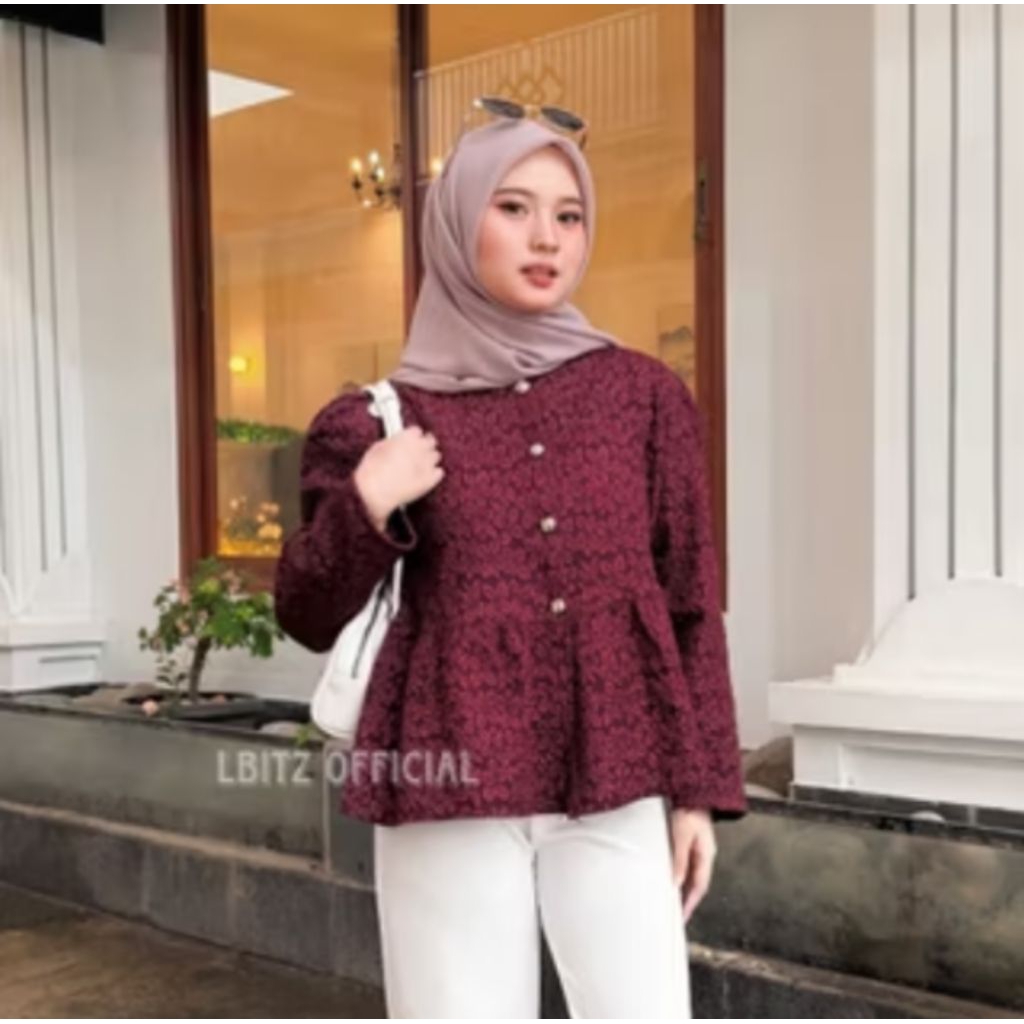 Kiana Blouse Flower Blouse Jacquard Atasan Peplum Lengan Panjang Baju Blouse Lebaran Korean Look Mot