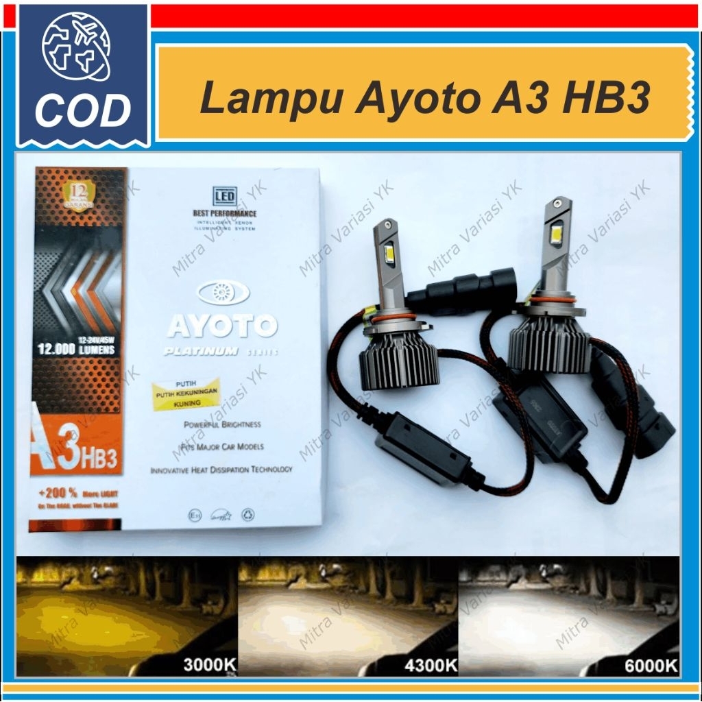 LAMPU KABUT FOGLAMP & HEADLAMP LAMPU UTAMA JAUH AYOTO A3 H11 HB3 9005 HB4 9006 3 WARNA PUTIH KUNING 