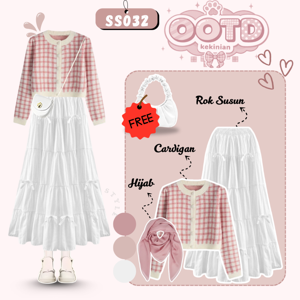 One Set Wanita Korean Style | Cardigan Rajut Pink | Rok Susun Pita Putih | Hijab Dusty Pink | SS032