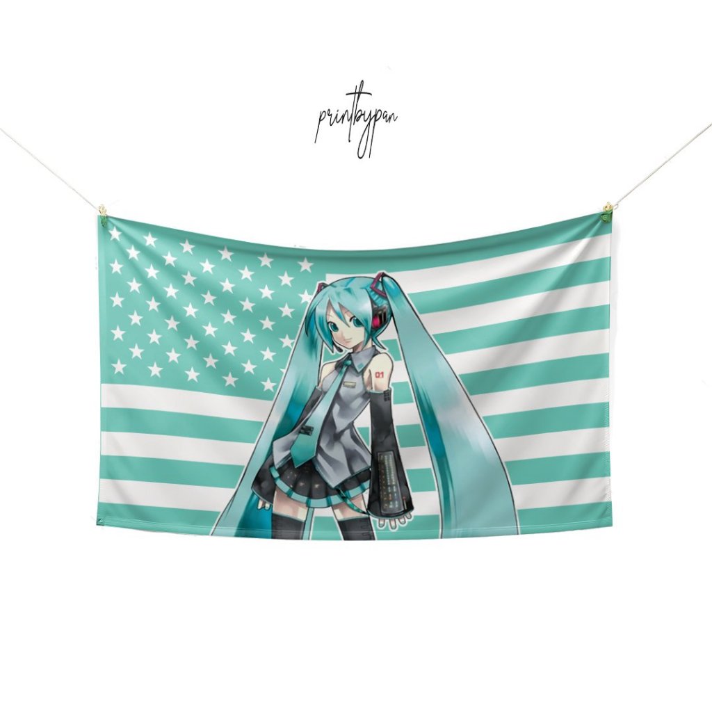 Bendera Custom Photo Amerika Teal | Flag K-Pop Anime Bebas Request Poster Kain | Dekorasi Kamar Tidu