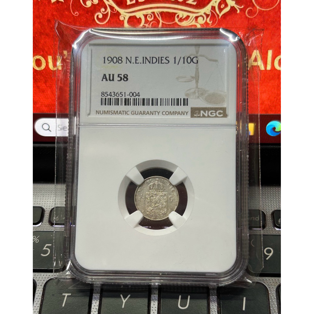KOIN PERAK SILVER 1/10 GULDEN 1908 NETHERLAND EAST INDIES NGC AU 58