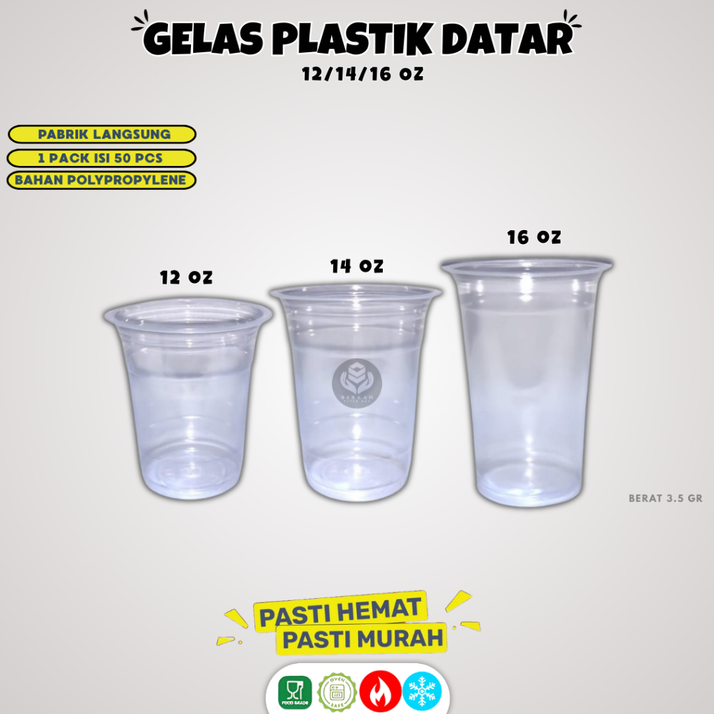 ( Isi 50 Pcs) Gelas Plastik 12 oz 14oz 16oz 18oz / Gelas Plastik Datar / Cup 14oz 16oz 18oz / Plasti