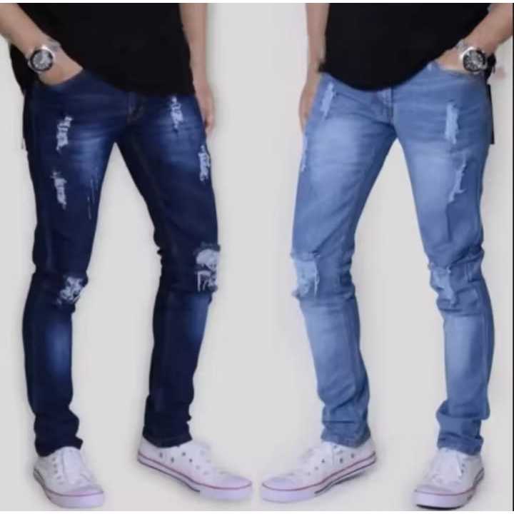 Celana Jeans Sobek Pria Denim Stretch Motif Sobek Korean Street Slimfit Multiwarna  COD Celana Jeans