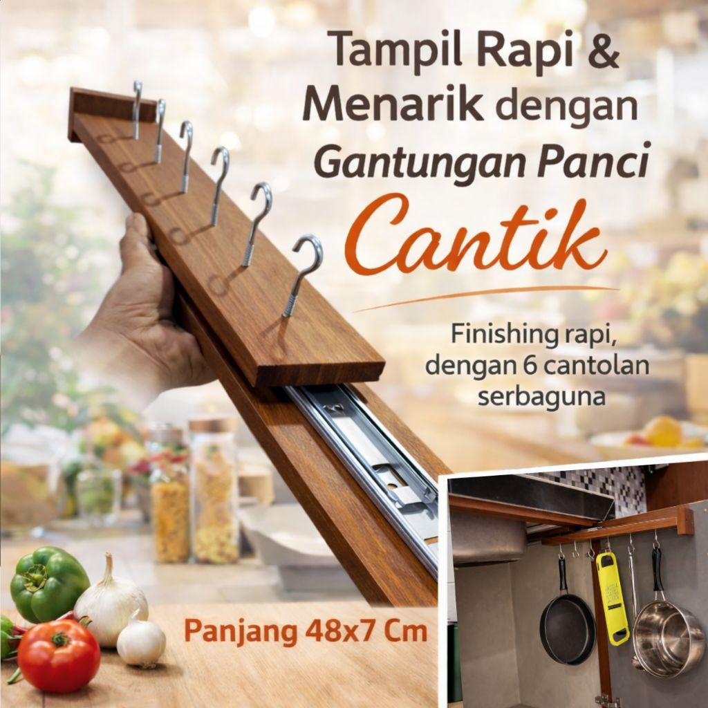 Gantungan Panci Bawah Meja 48cm – Rak Gantung Dapur kayu Tebal