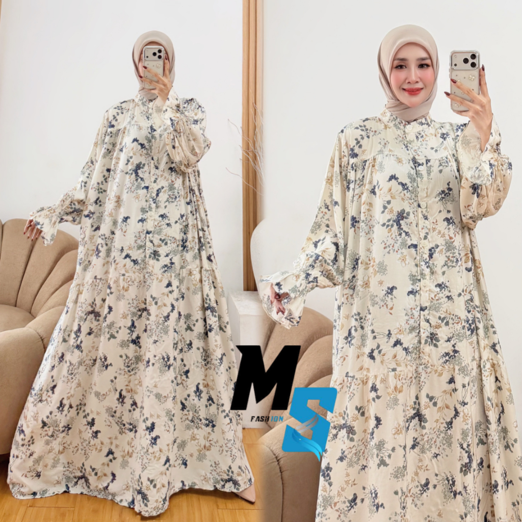 Gamis Raya Wanita Lengan Balon Rayon Motif  M-XXXL Busui Sanghai Kancing