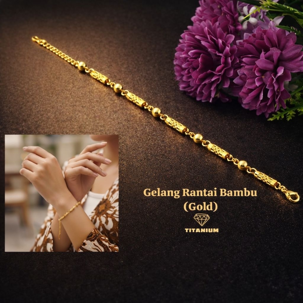 "Gelang Titanium Rantai Bambu Gold Asli - Elegan & Tahan Lama"