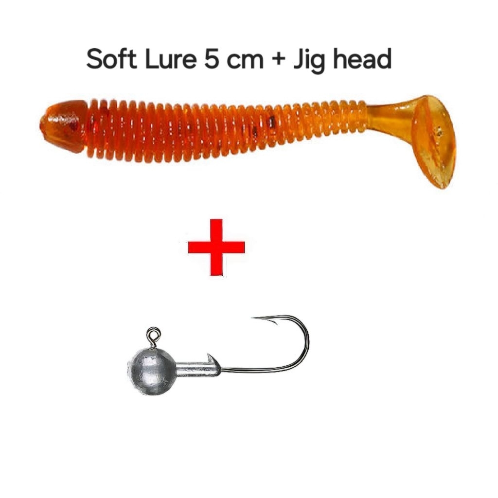 Soft Lure Paddle Tail 5 cm Plus Jig Head - Umpan Casting Kakap, Tarpon, Payus, Kerapu, Pibas Peacock