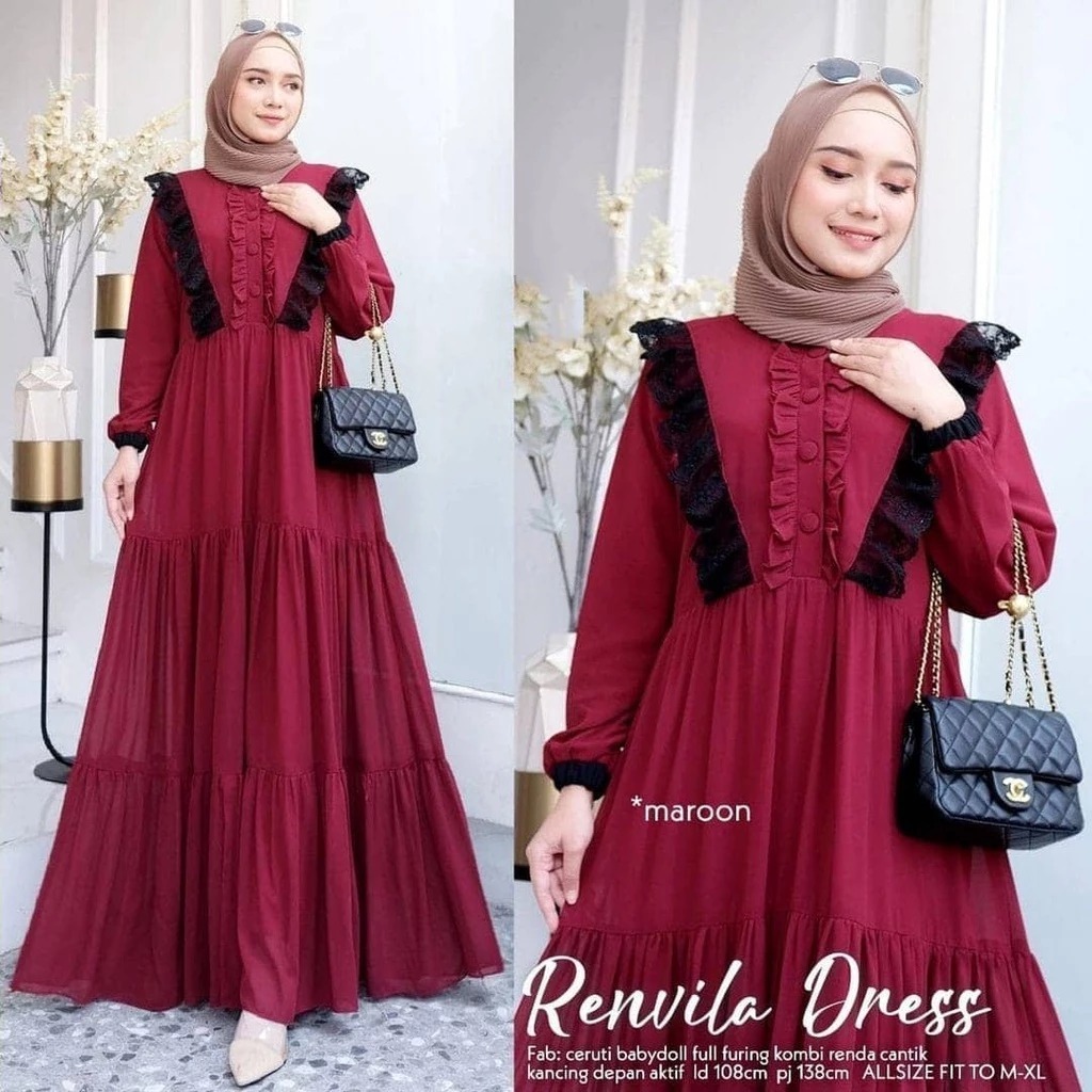 Gamis Wanita Mewah Elegan Renvila Maxy Bahan Ceruty Babydoll Full puring Busui Friendly Baju Lebaran