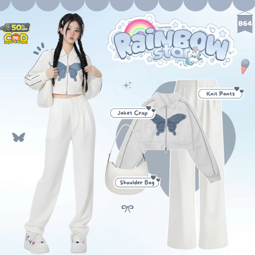 Setelan One Set Wanita Kekinian Korean Girl - ( Knit Pants + Jaket Crop + Shoulder Bag ) OOTD Kekini