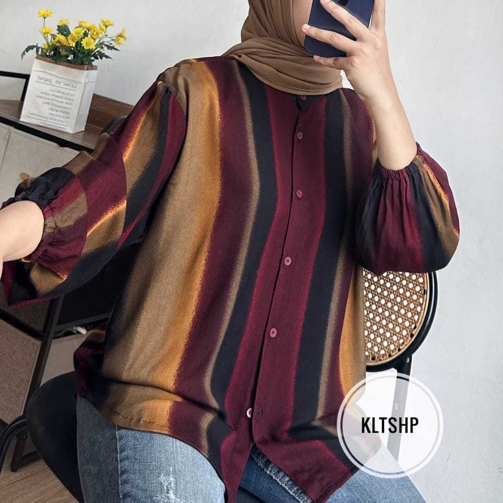 Fauna Blouse Balon Motif Rayon Premium Lengan Panjang - Baju Wanita Motif Abstrak Terbaru
