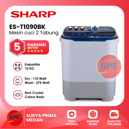 MESIN CUCI 2 TABUNG SHARP KAPASITAS 10 KG ES T1090 BK /VK/PK GARANSI RESMI (MEDAN)