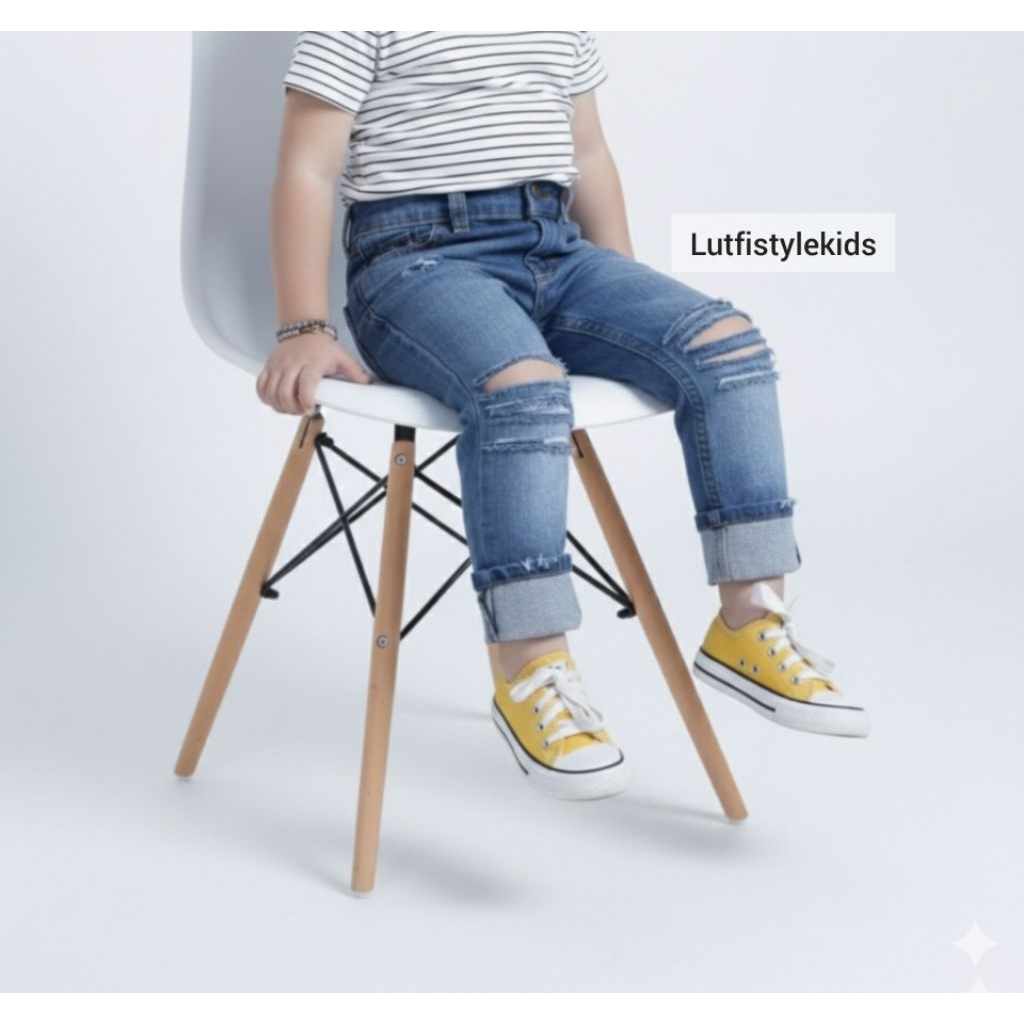 Celana Jeans Anak Perempuan Sobek Lutut Warna Biru Tua Darkblue Soft Stretch Denim Ripped Sobek Ukur