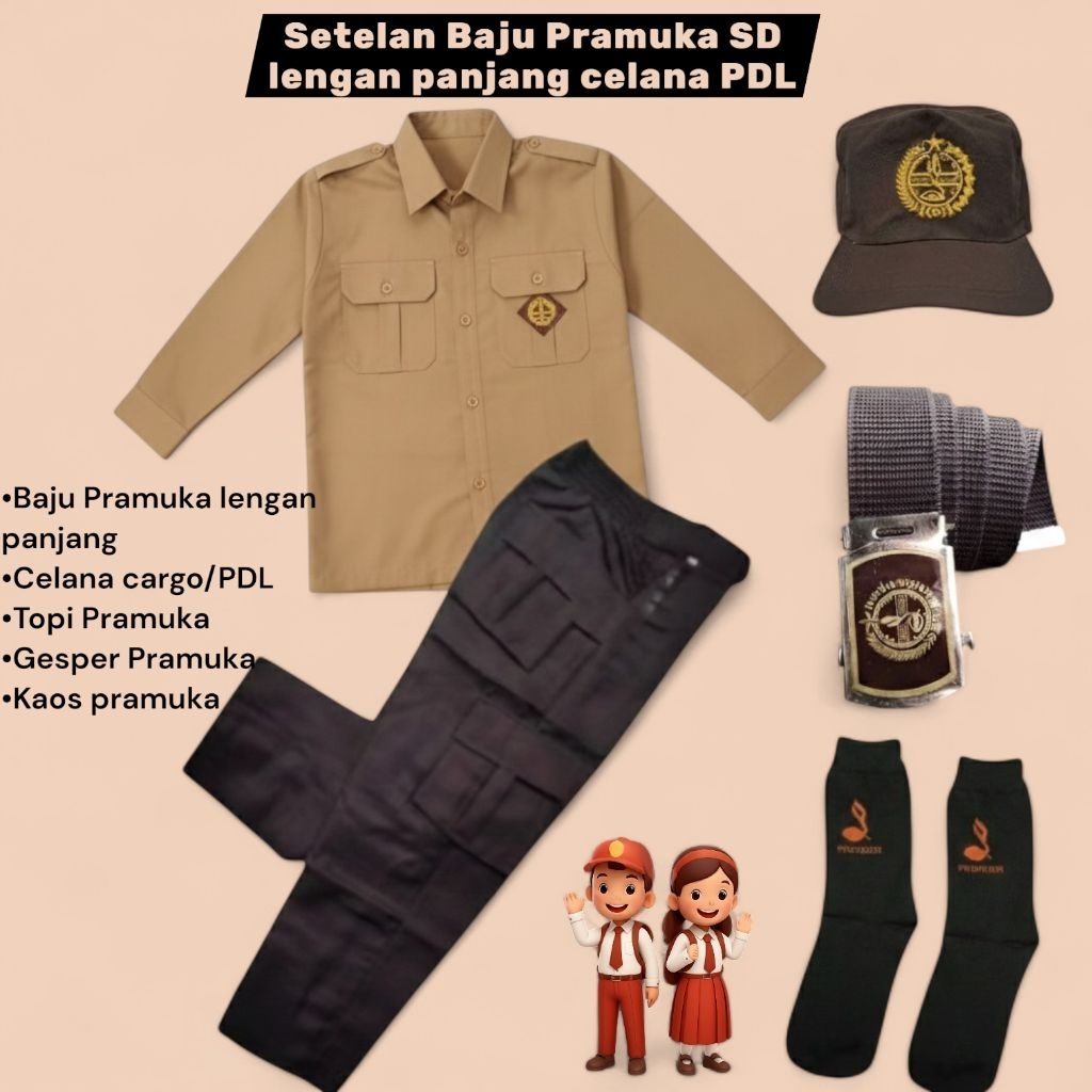 Seragam sekolah Pramuka Penggalang Anak SD celana panjang PDL Baju Panjang Set-Baju dan celana PDL