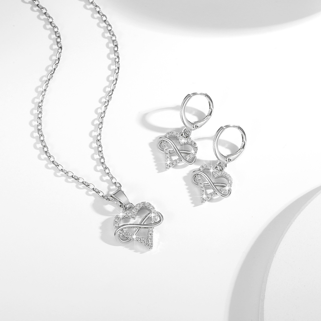 Lanme Jewelry Set Kristal Perhiasan Desain Cinta Wanita Titanium Kalung Anting Aksesoris Anti Karat 