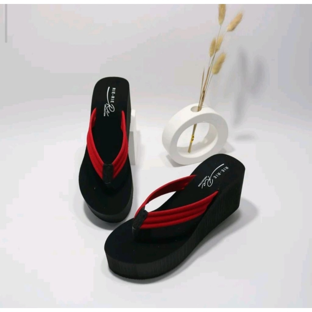 Rierie- Sandal Wedges Jepit Balok Hak Tinggi 9 cm Sendal Wanita Dewasa Cewek Fashion High Heels Spon