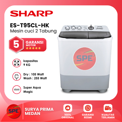 MESIN CUCI 2 TABUNG SHARP KAPASITAS 9 KG ES-T96CL-HK GARANSI RESMI (MEDAN)