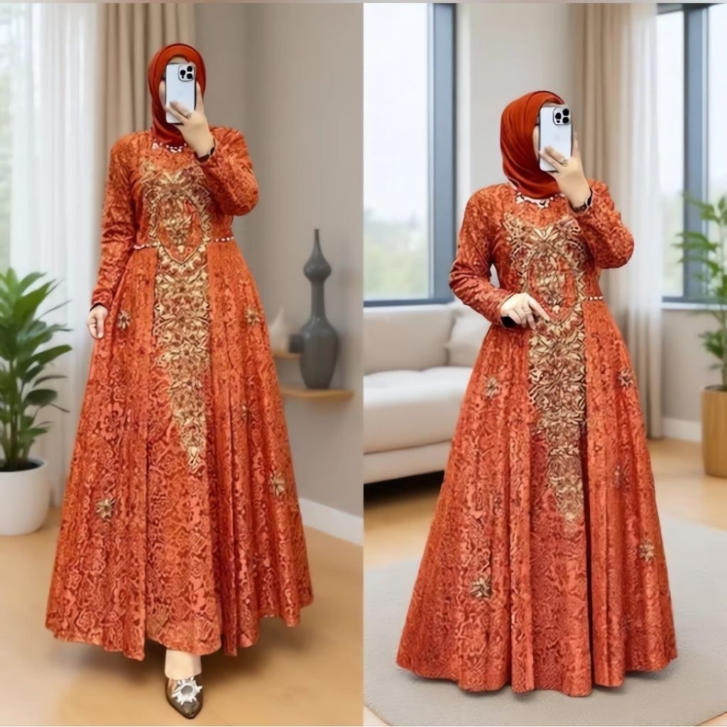 Gamis brokat bordir bulet lengkap dengan payet/gamis lebaran/gamis wanita/gamis kondangan simple ele