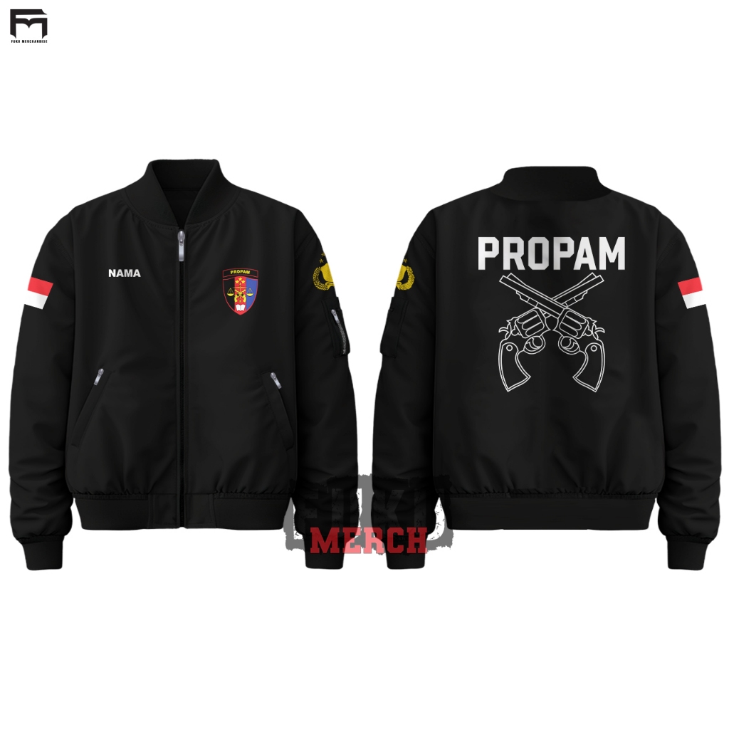 Jaket Bomber Pria Waterproof Custom Nama PROPAM POLRI Taslan Hitam