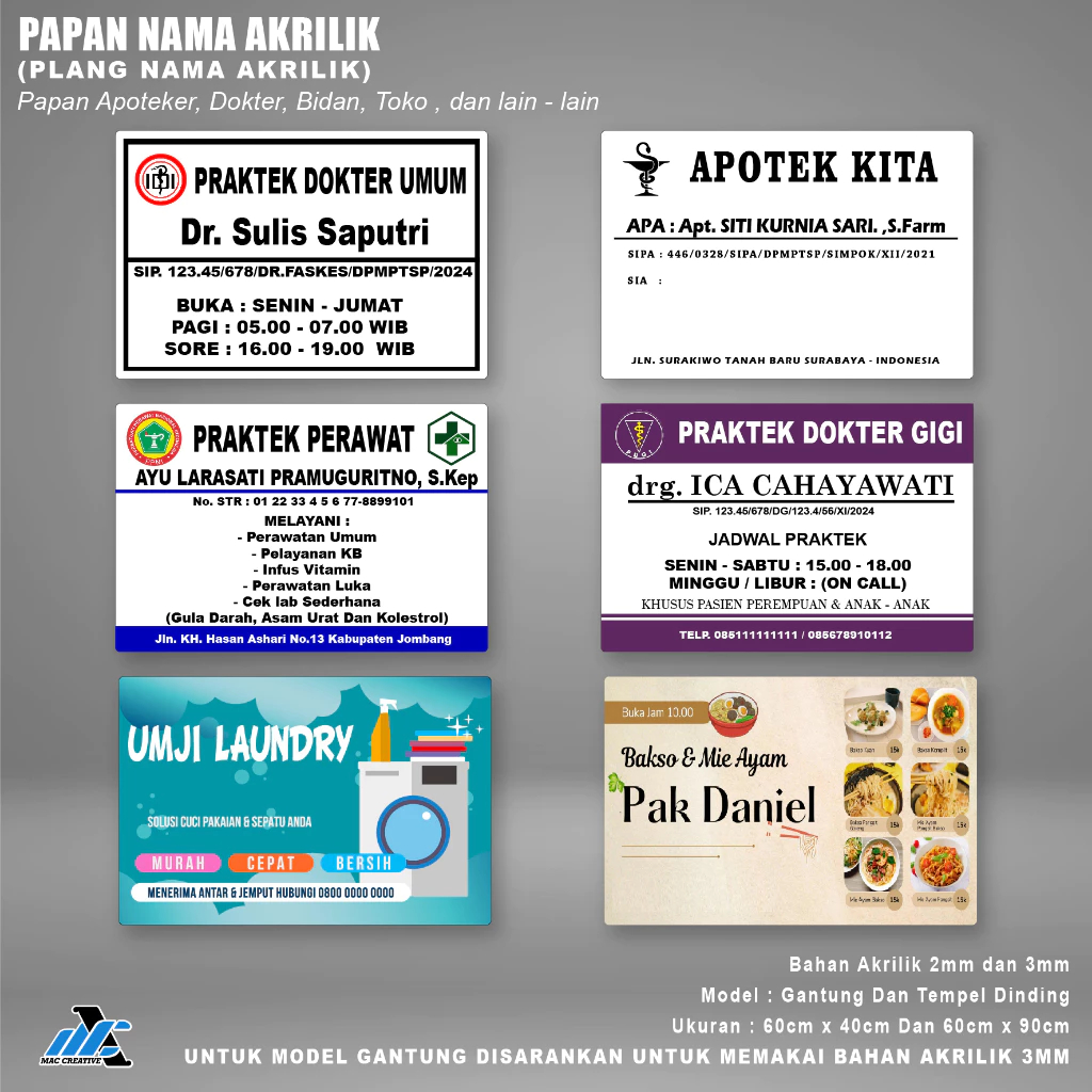 Plang Akrilik Custom - Papan Praktek Apoteker, Dokter, Bidan - Plang Nama Toko Usaha Bahan Akrilik