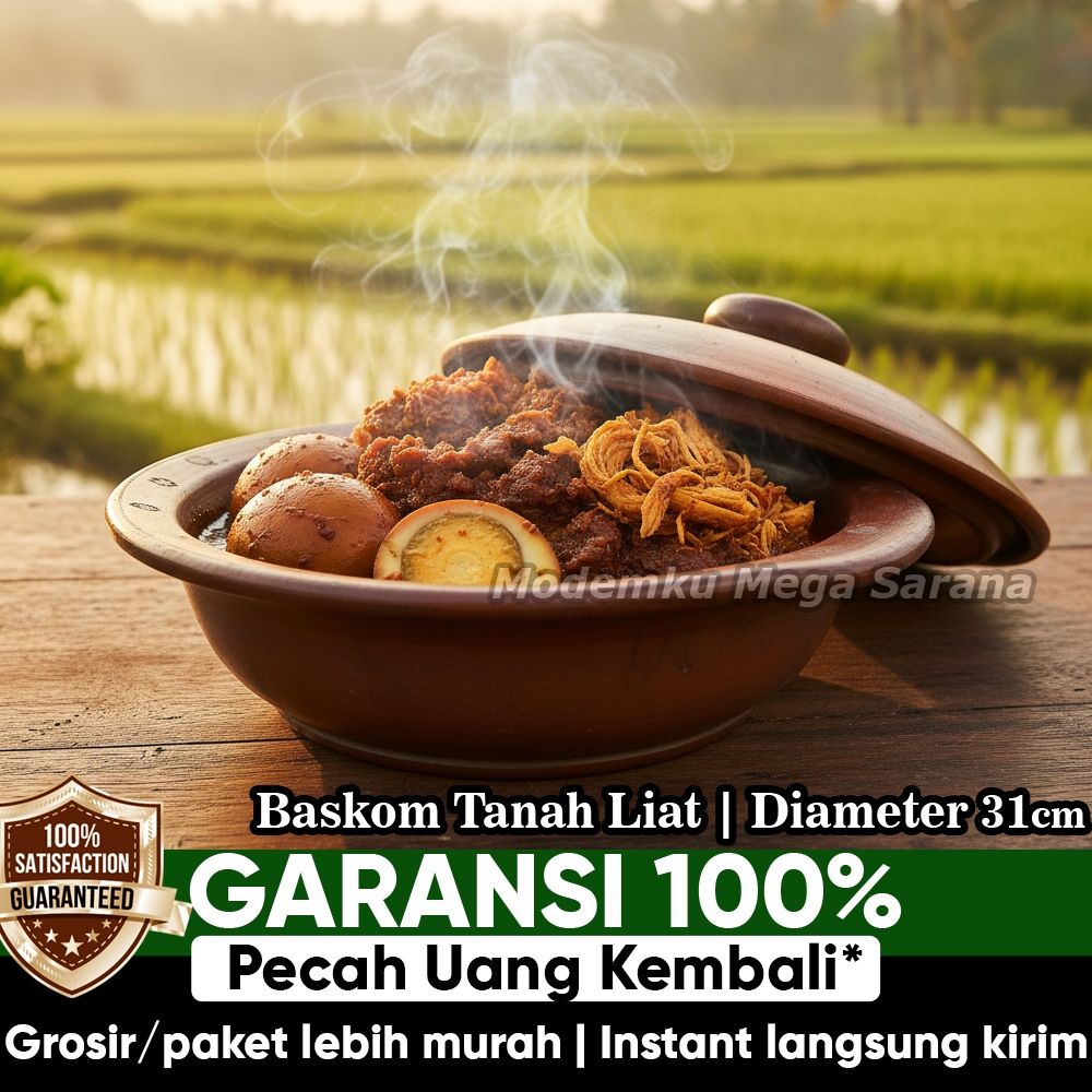Baskom Tanah Liat Gerabah + Tutup Diameter 31 cm Untuk Tempat Sayur Saji Wadah Makanan Prasmanan