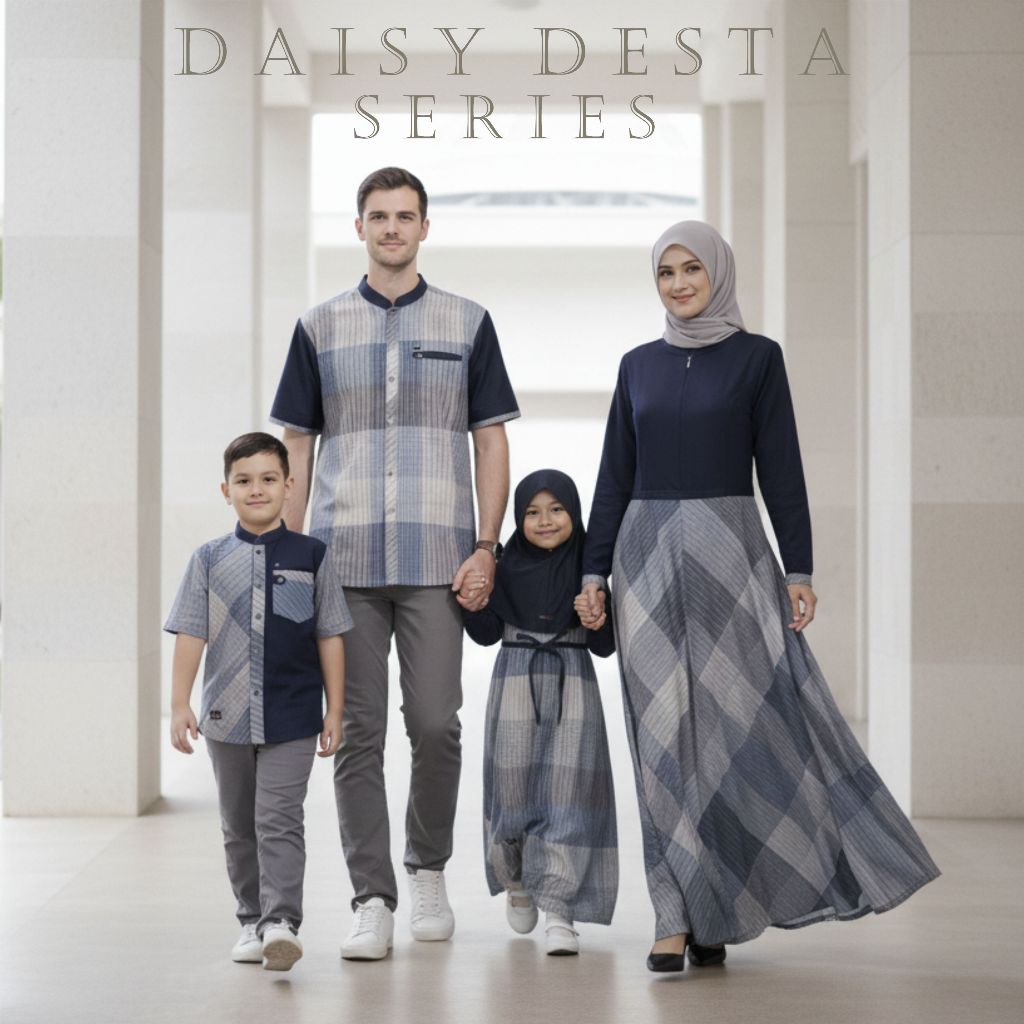 Sarimbit Keluarga Lebaran 2026 Fashion Muslim Navy Blazer Polos Motif Kotak Gamis Koko Tangan Pendek