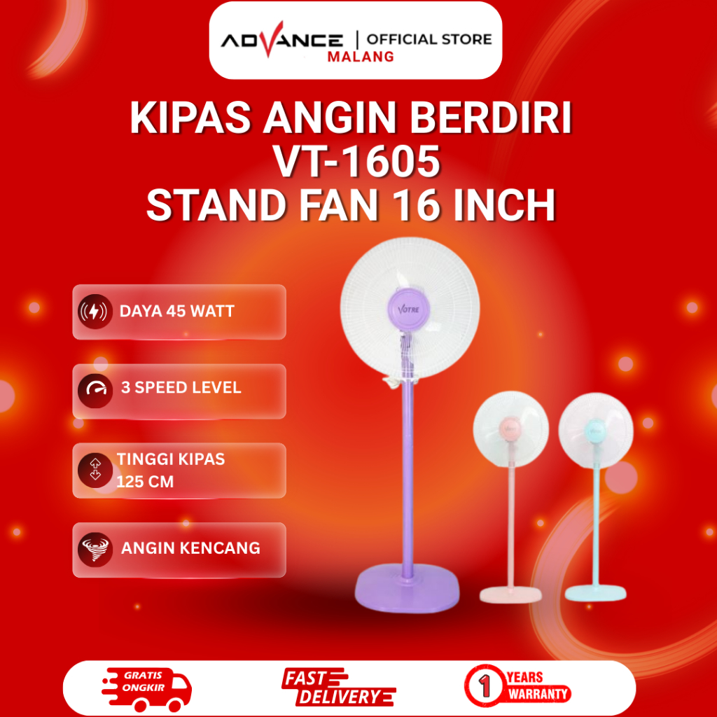 Kipas Angin Berdiri Advance VT-1605 / Kipas Angin Stanad VT1605 Daya 40watt