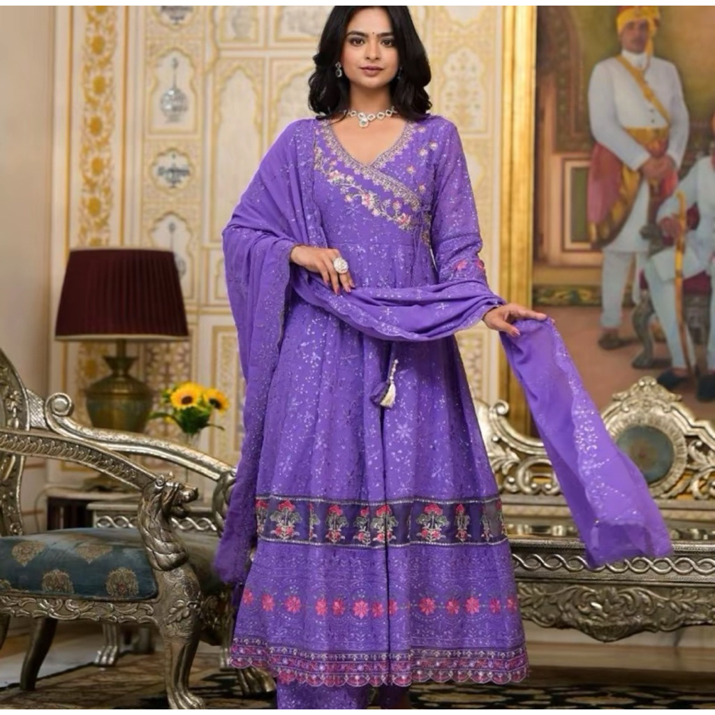 Dress Wanita Sifon Ungu Bordir Timbul Motif Bunga | Maxi Elegan Set Dupatta