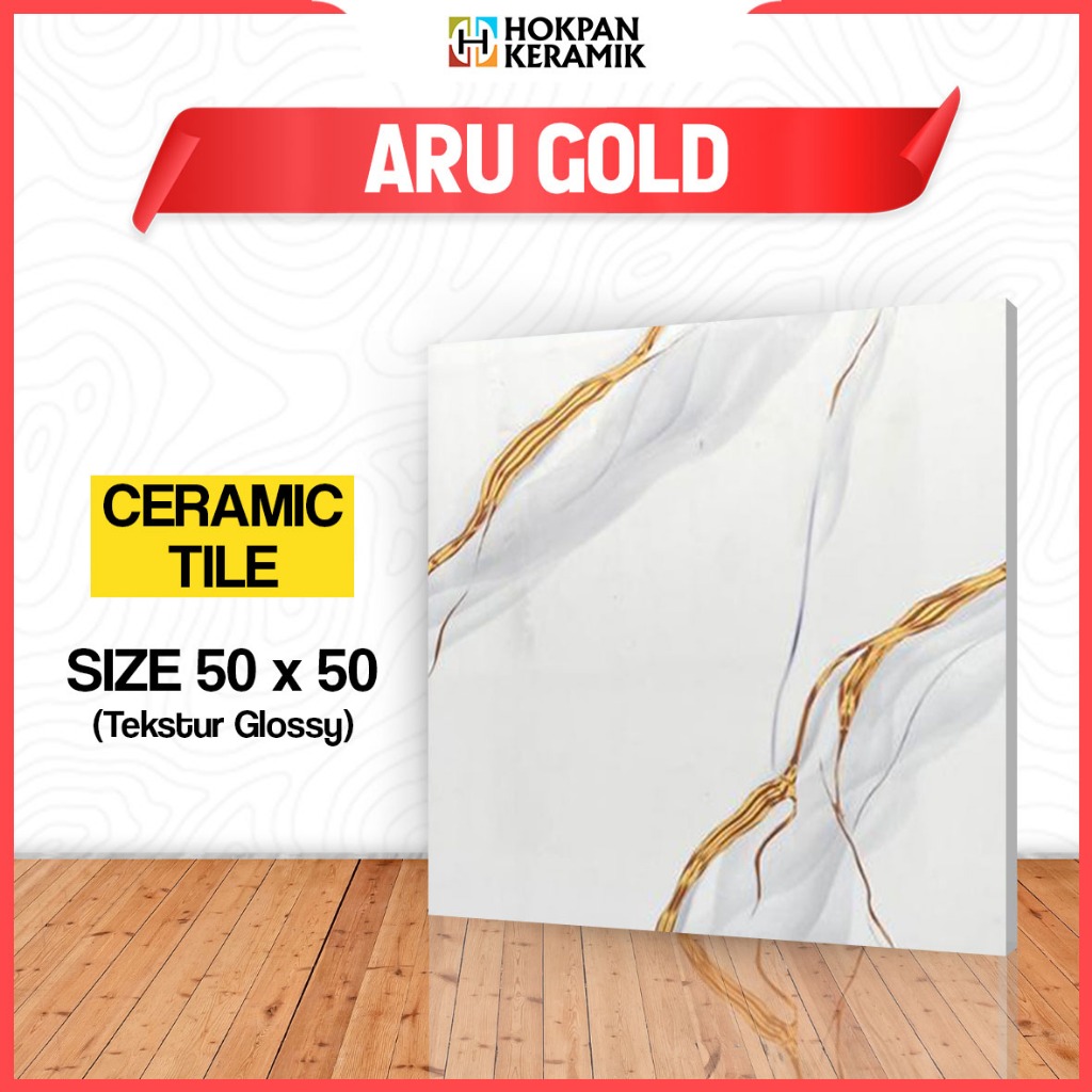 Keramik Lantai Motif Aru Gold Ukuran 50x50 Glossy - Hokpan Keramik