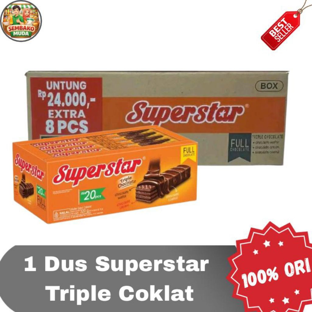 Superstar Triple Coklat 1 Dus Isi 8 box / Superstar Wafer Coklat