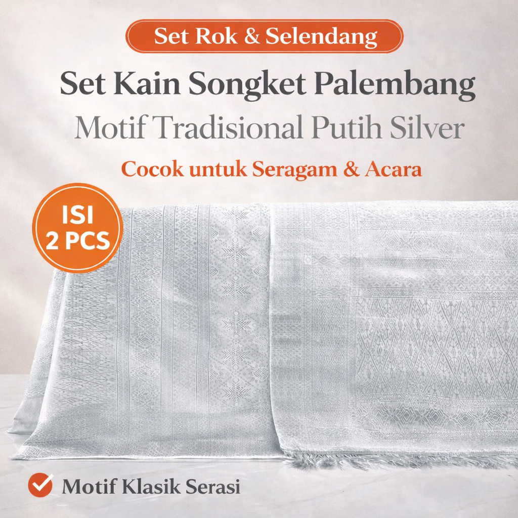 Set Kain Songket Palembang Bahan Rok & Selendang Motif Tradisional – Warna Putih Silver