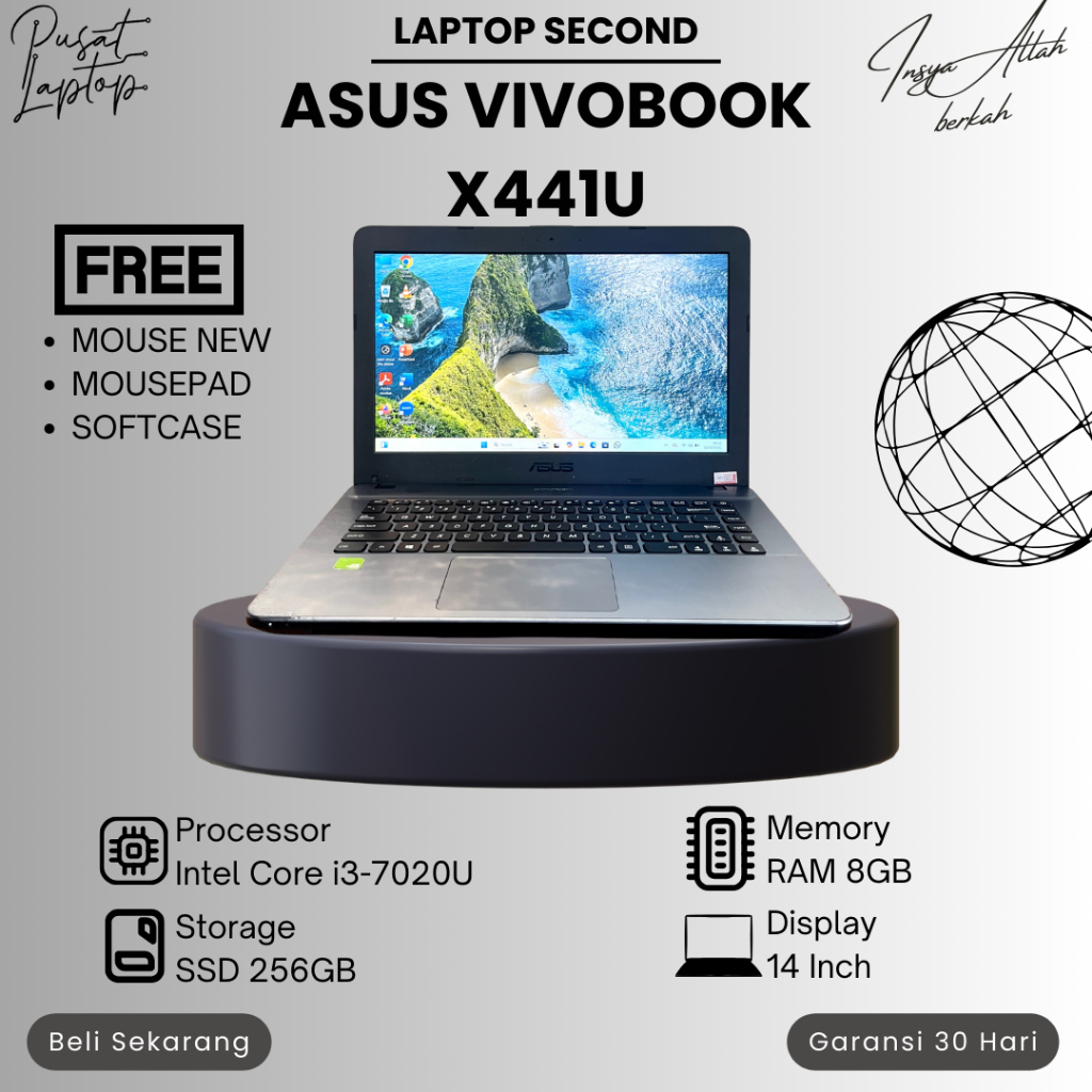 LAPTOP ASUS VIVOBOOK X441U SECOND | INTEL CORE I3 GEN 7 | RAM 8GB | SSD 256GB | NORMAL | BERGARANSI
