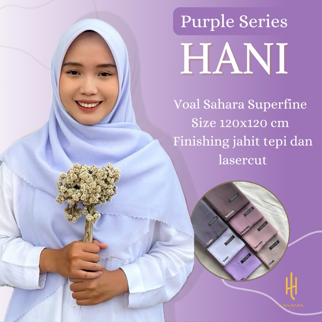 HANI - Hijab Voal Sahara Superfine Jahit Tepi dan Lasercut size 120x120 – Purple Ungu Series – Hanan
