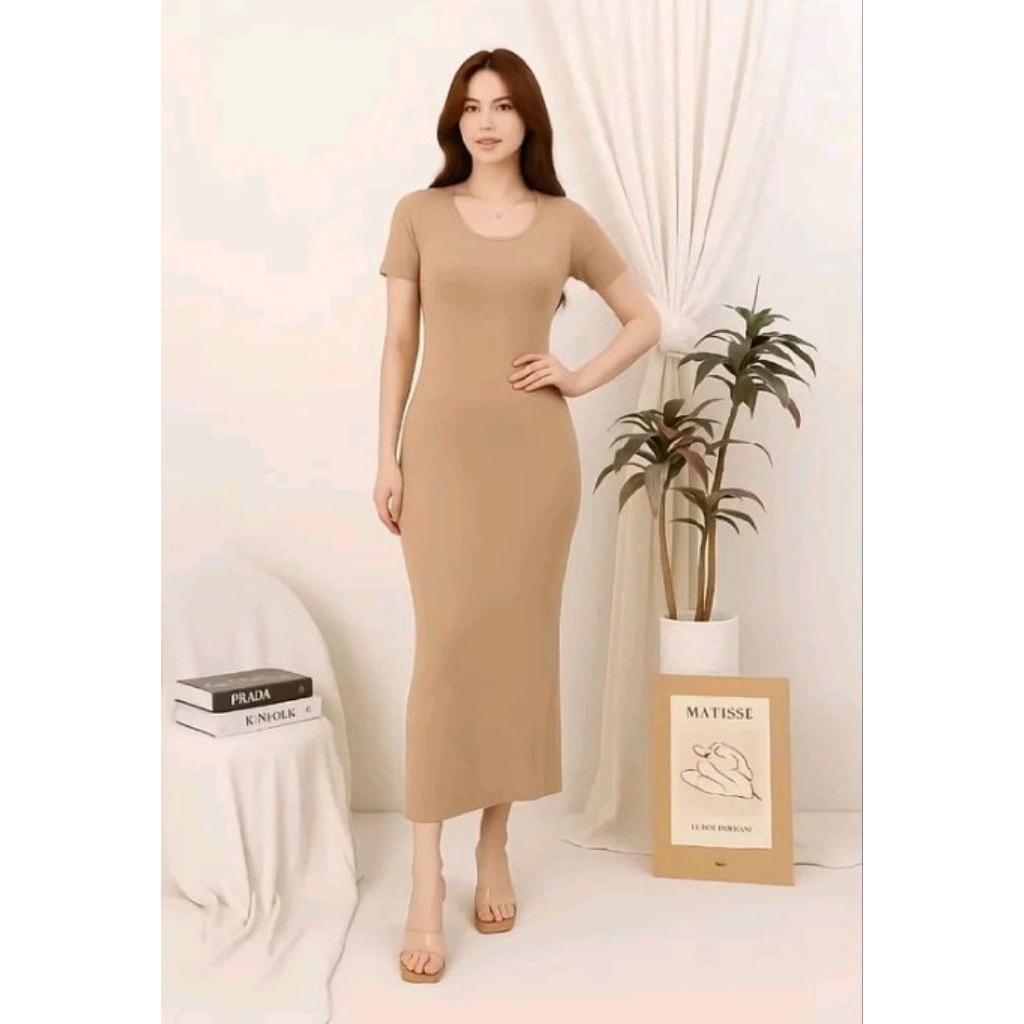 Dress Wanita Knit Lengan Pendek trend Remaja Kekinian Casual Panjang Atasan
