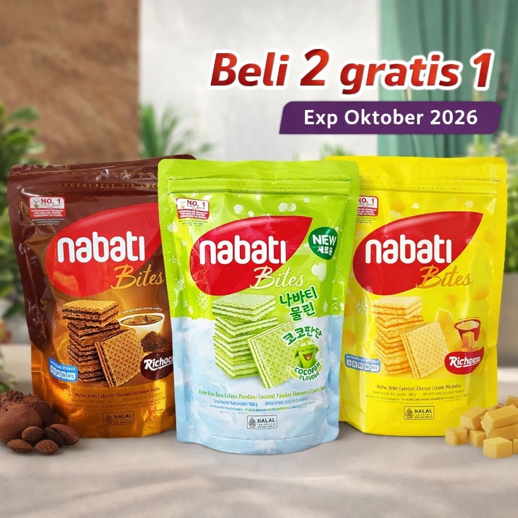 [Beli 2 Gratis 1] Nabati Bites Pouch 100gr Aneka Rasa Richeese Richoco Cocopandan Wafer Cream Snack