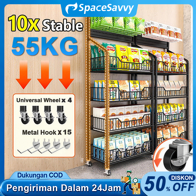 SpaceSavvy Rak Besi 4/5/6 Lapis Rak Roda Serbaguna Rak Penyimpanan Dapur Rak Troli Rak Camilan Super