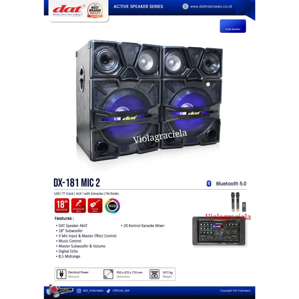 SPEAKER AKTIF PASIF DAT DX181 2 MICROPHONE WIRLLES SUDAH BLUETOOTH BASS WOFFER 18INCH ORIGINAL DX-18