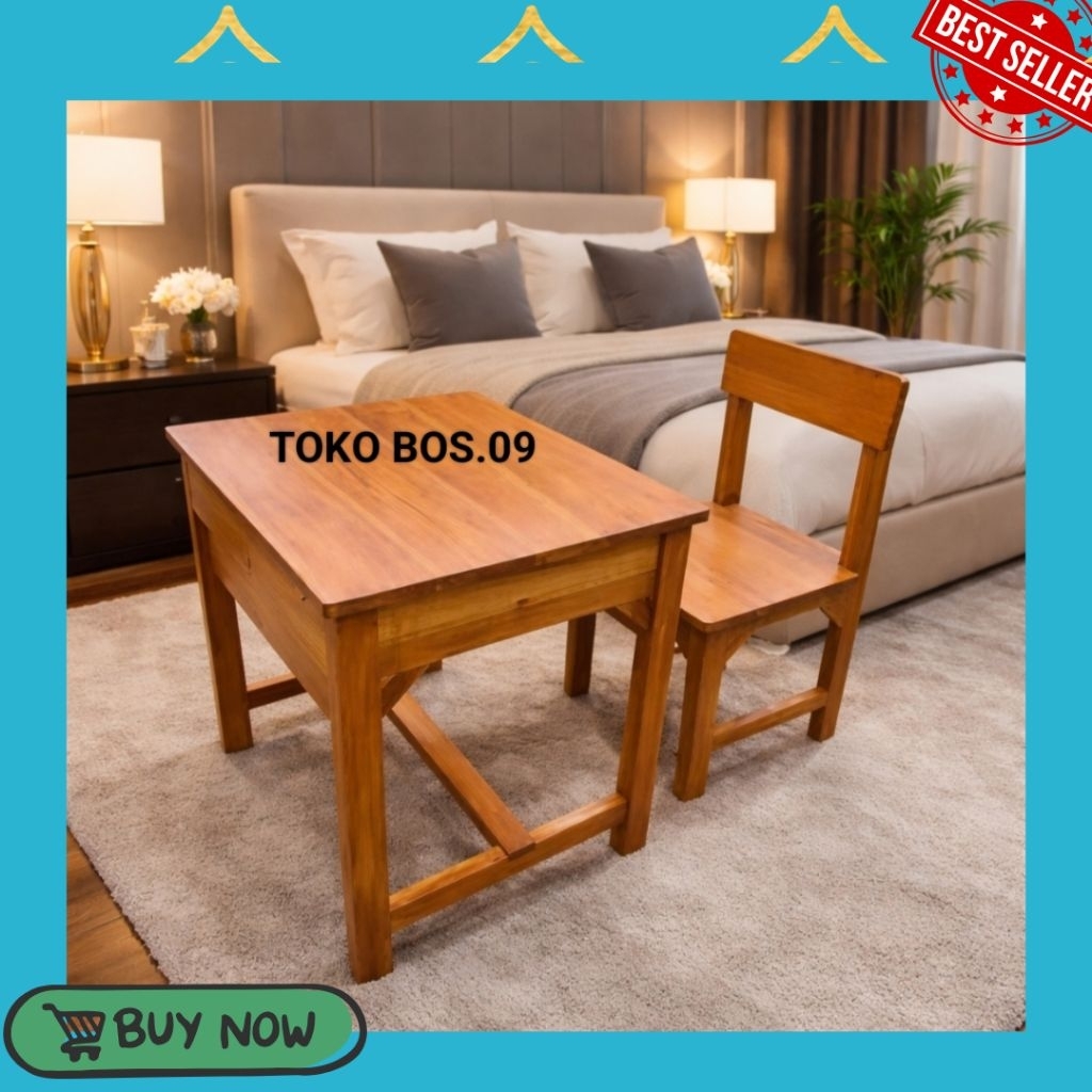 Meja Belajar Anak Kayu + Kursi | Meja Tulis Anak Sekolah | Warna Coklat | Cocok untuk Kamar Anak