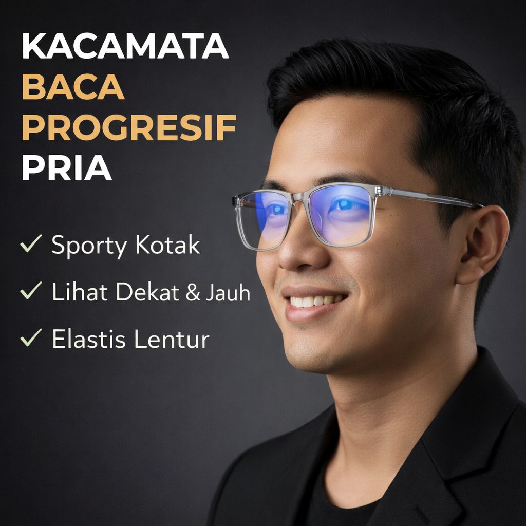 Kacamata Baca Progresif Pria Sporty Kotak Elastis Baca & Jalan Anti Radiasi Kaca Mata Plus +100+150