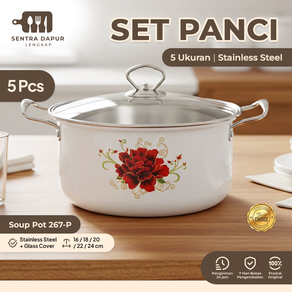 Sentra Dapur Lengkap - Panci Bunga Calypso/Enamel Kaca Pegangan Stainless Steel Tahan Panas Serbagun