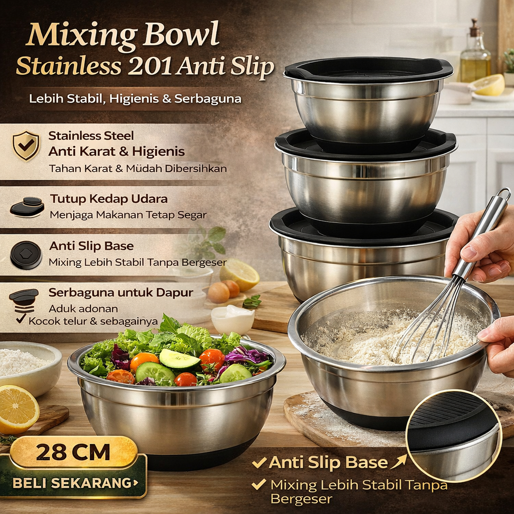 Mangkok Saji Tutup Besar Stenlis Saji Tutup Ayam Sayur Nasi Stainless Baskom Tebal - MJ-201