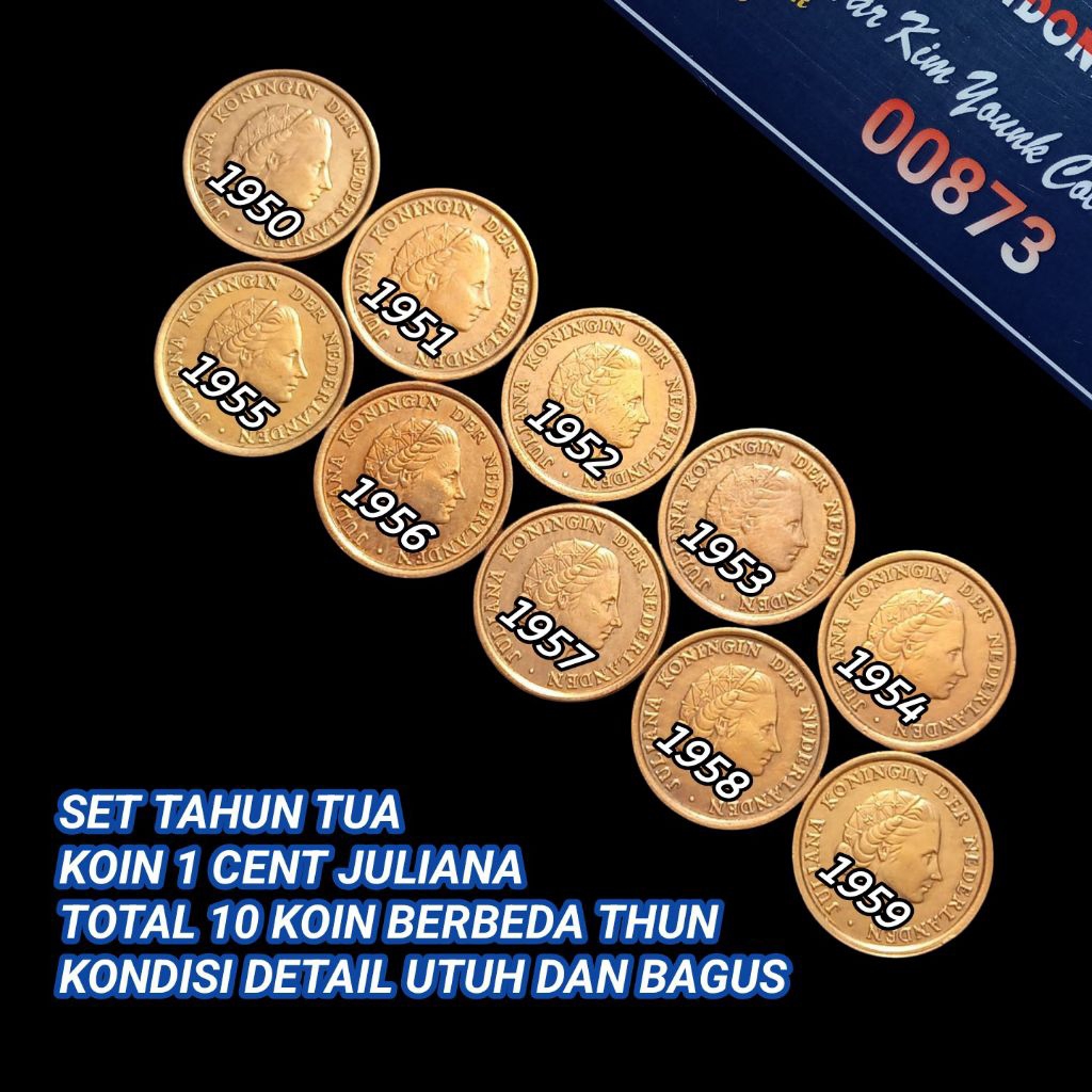 UKA010Coin Set Thn Tua 1 Cent Ratu Juliana 1950-1959 Total 10 Koin Detail Dan Bagus