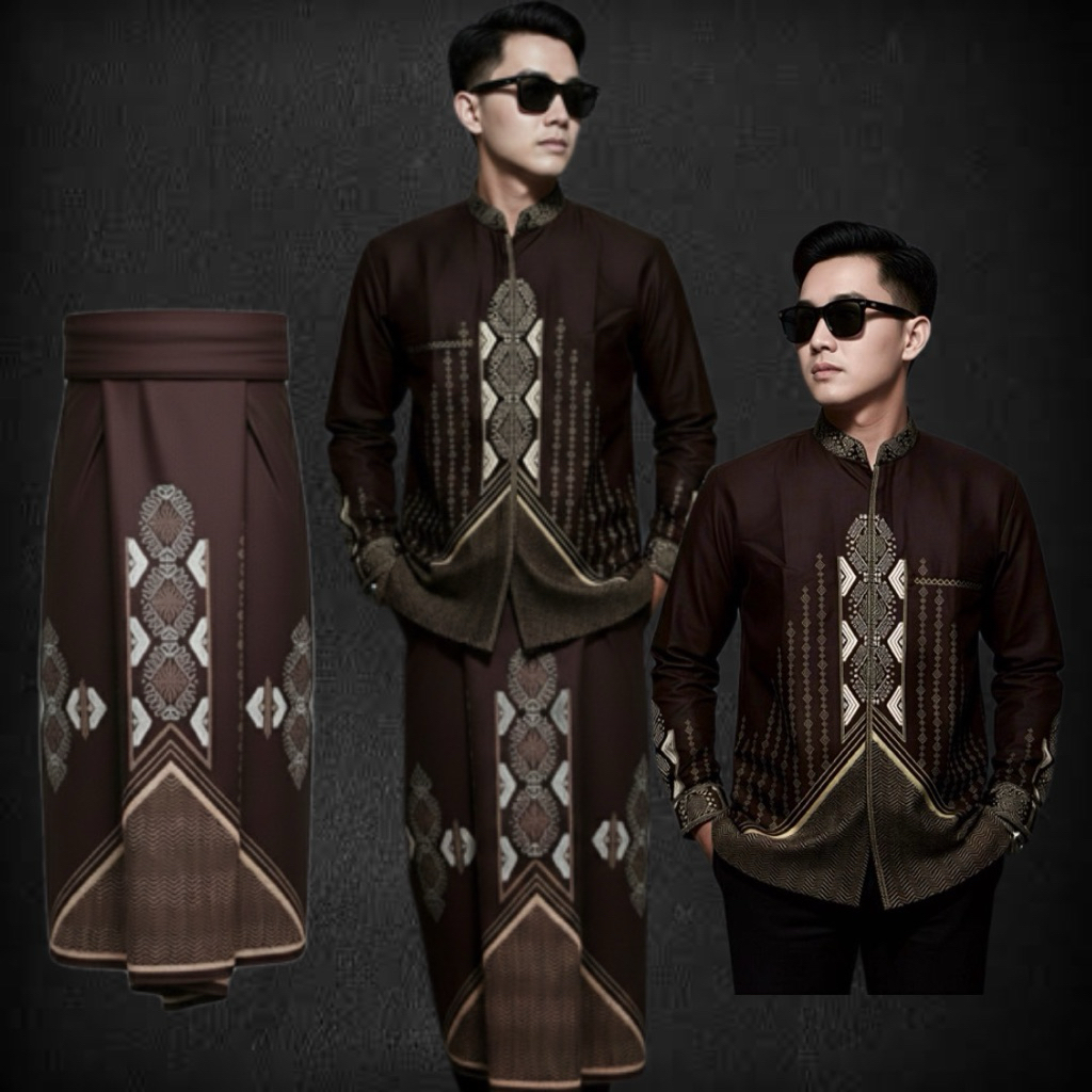 Setelan Baju Koko Lengan Panjang Slimfit Dan Sarung Mewah Bermotif Batik