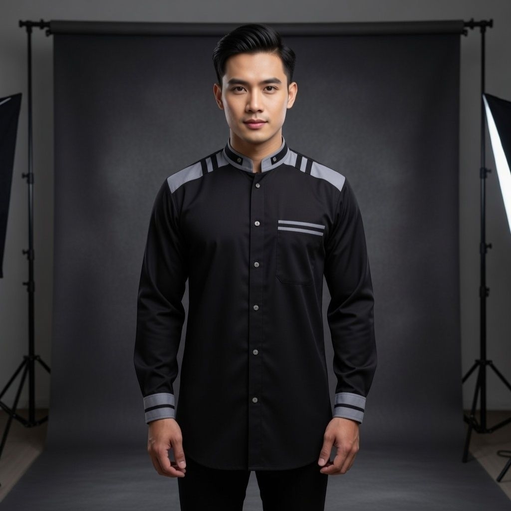 Baju Koko Pria Dewasa Lengan Panjang Motif Adidas Abu