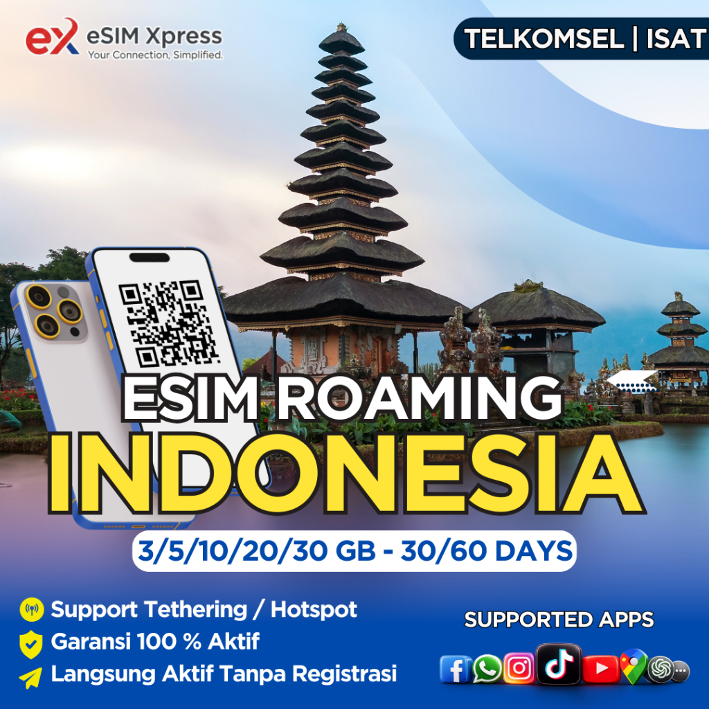 Auto Kirim 24Jam eSIM Roaming Telkomsel Indonesia 3GB/5GB/10GB/20GB Data | 30 Hari | Solusi IMEI Blo