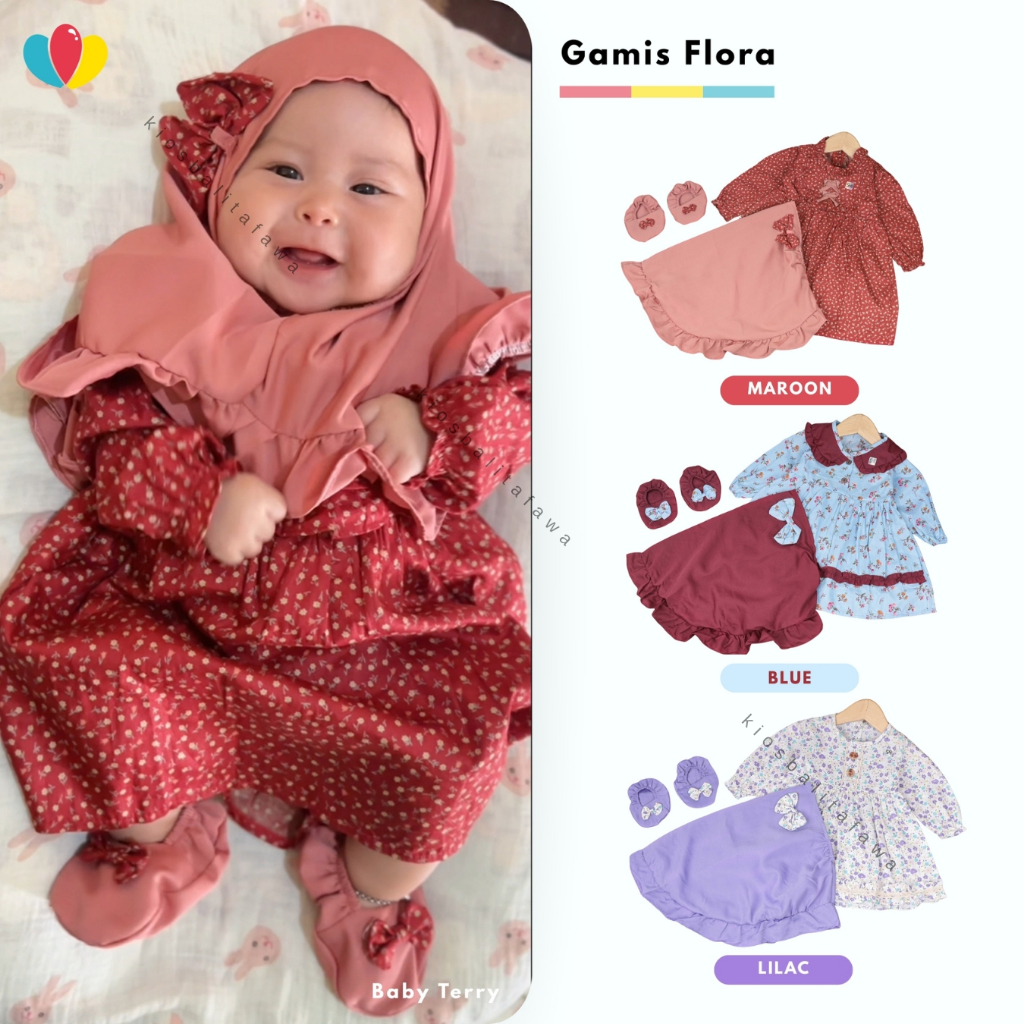 (SNI) Set Gamis Flora uk 0-12 Bulan Bayi Perempuan / Gratis Jilbab Sepatu Dress Dres Baju Muslim Ana