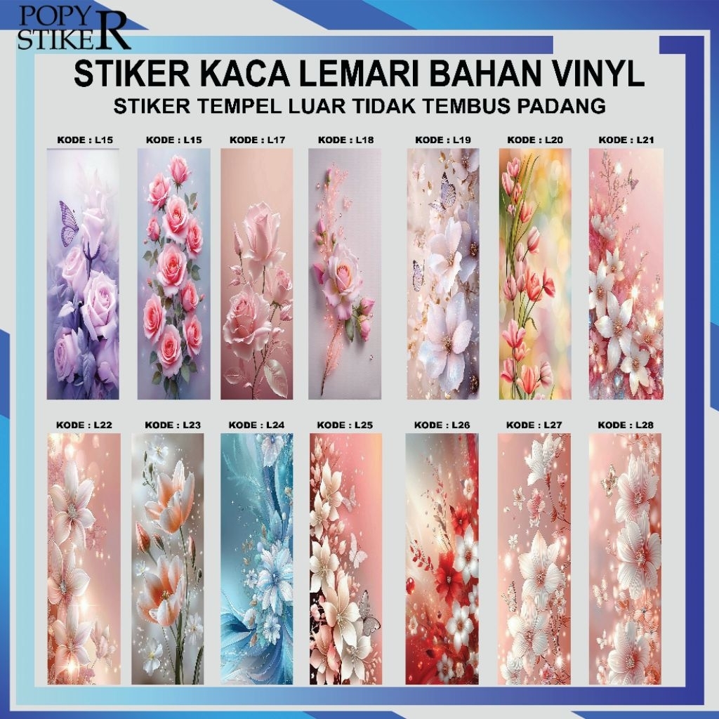 STIKER PINTU LEMARI TEMPEL LUAR MOTIF BUNGA / STIKER KACA LEMARI BAHAN VINYL SATUAN BUKA SET MURAH