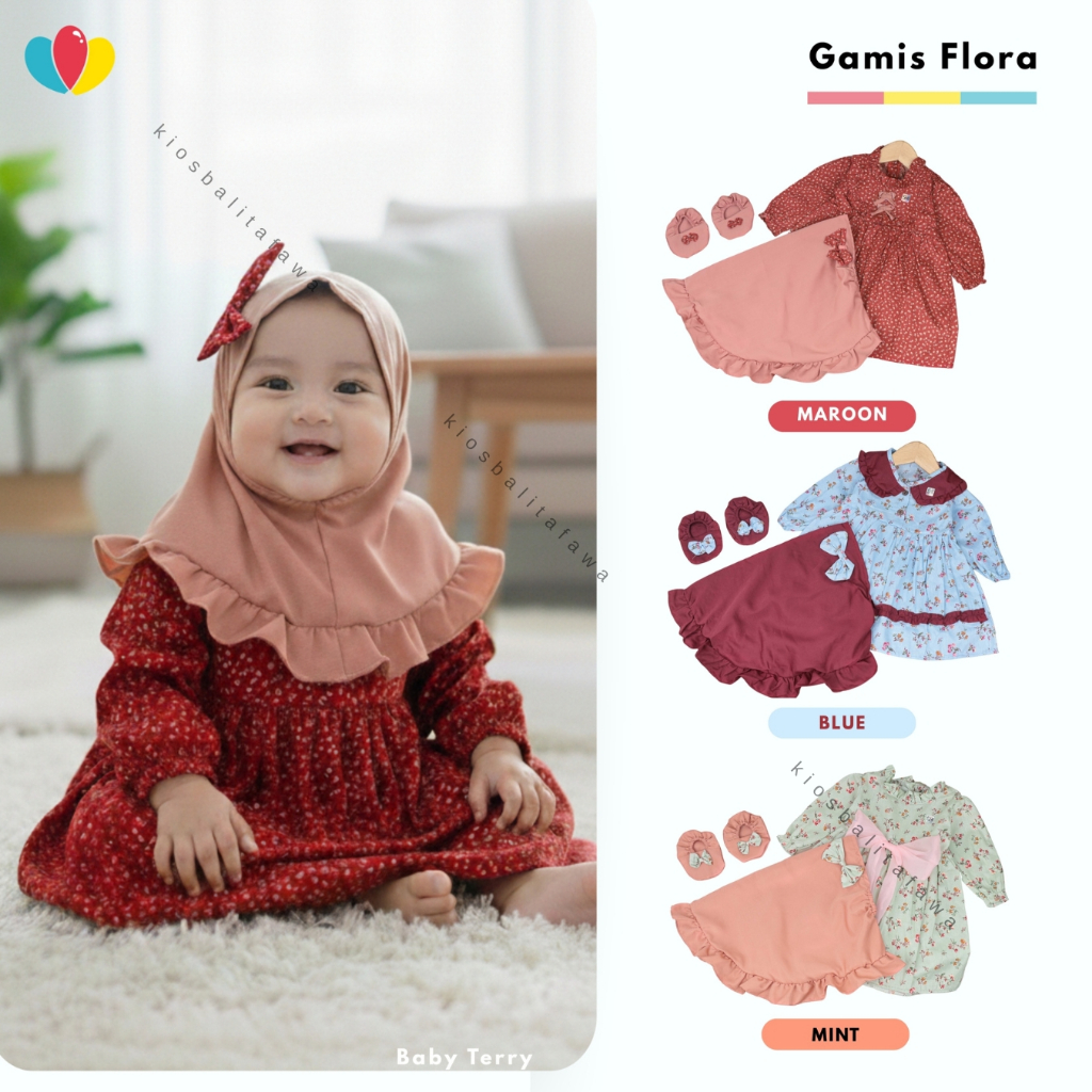 (SNI) Gamis Flora uk 0-12 Bulan Bayi Perempuan / Gratis Jilbab Sepatu Dress Dres Baju Muslim Anak Ba
