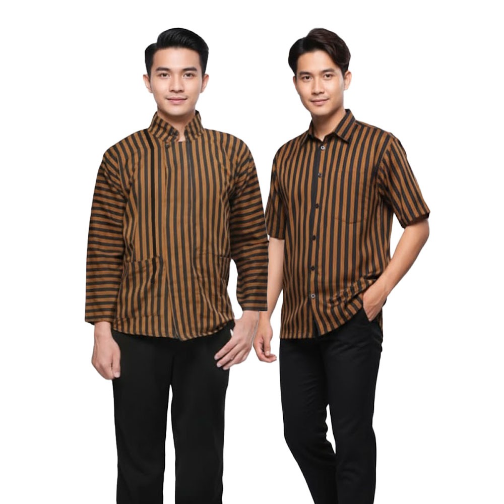 Baju Surjan Lurik Jawa Klasik Pria Dewasa - Kemeja Lurik Garis Coklat Hitam Seragam Adat Jawa Kebaya