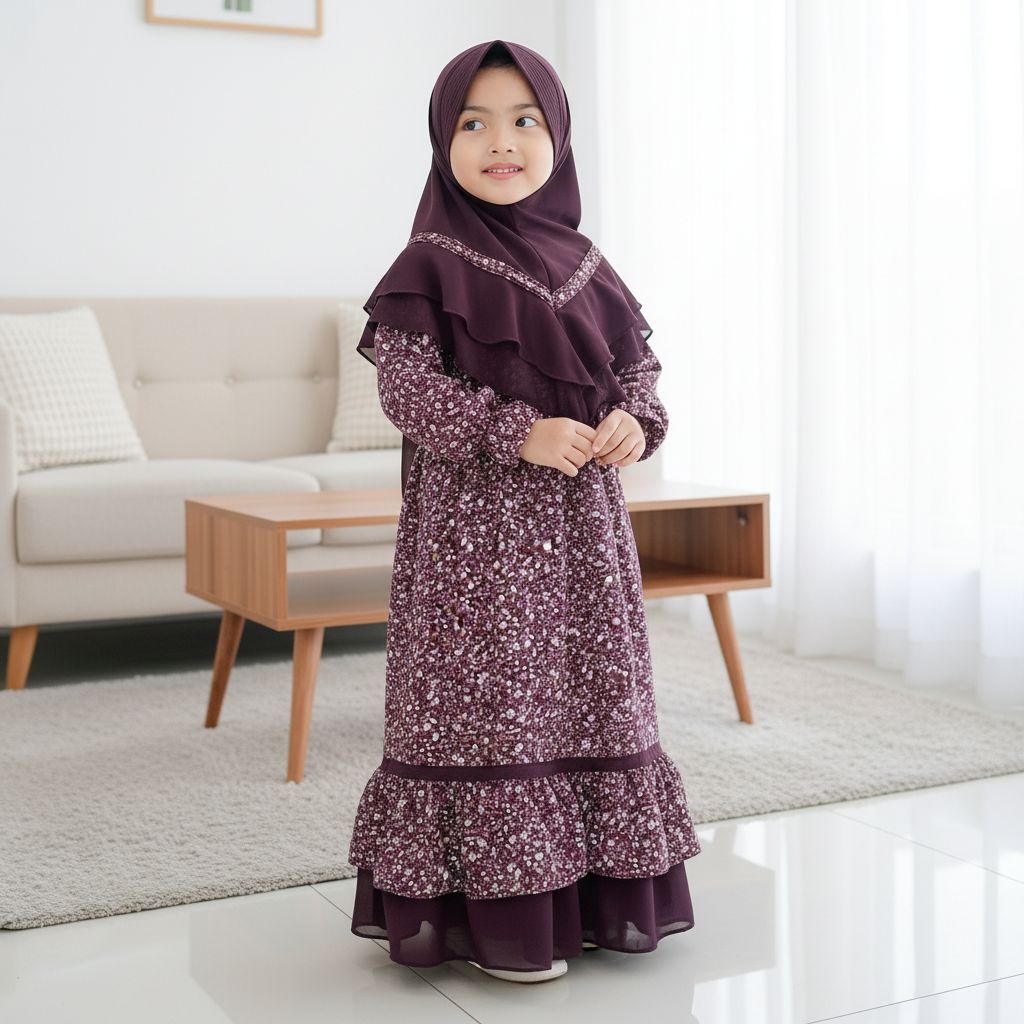 (SIAP KIRIM ) Gamis set jilbab anak usia 2-9 tahun motif bunga bahan shakila mix ceruti Baju lebaran