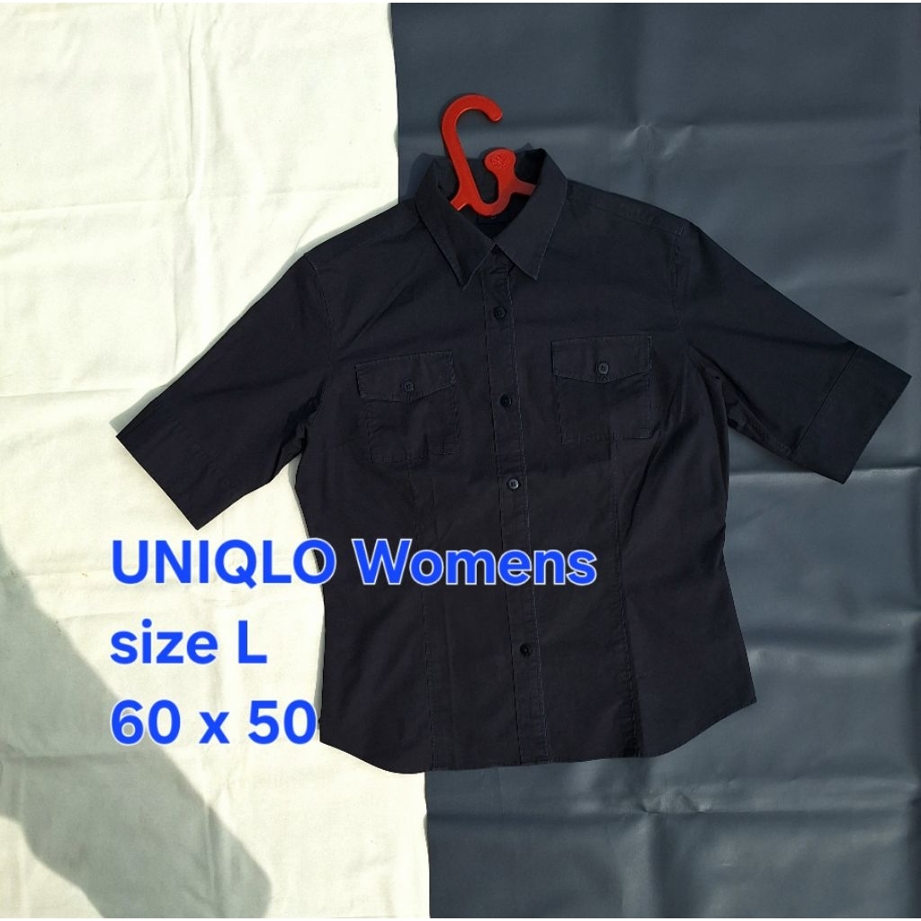 Baju Kemeja UNIQLO Womens Workshirt Perempuan Lengan Pendek Double Pocket Wanita Hitam Polos